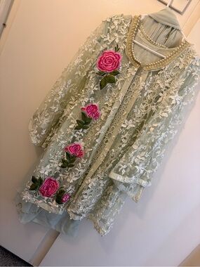 Pakistani Embroidered Floral Lace Overlay Tunic in Sage with Pink Roses dress